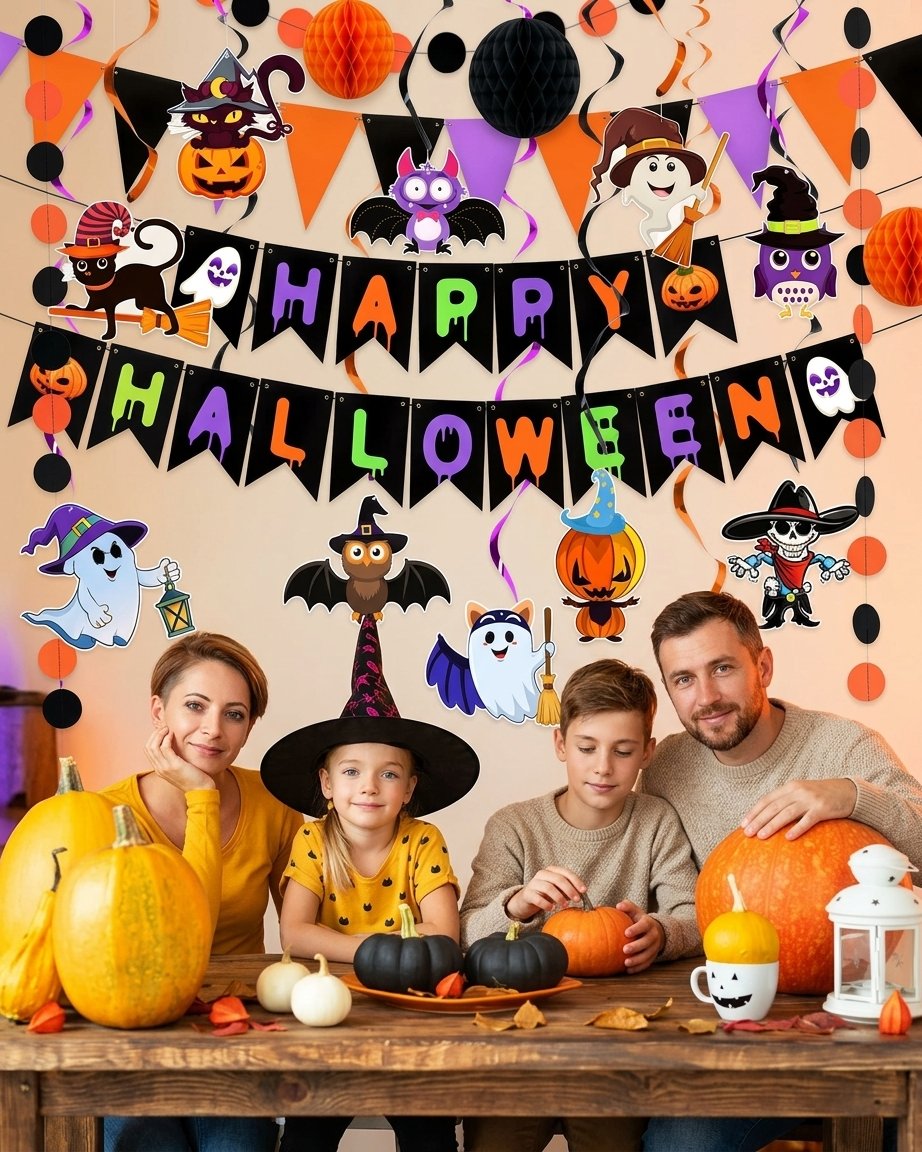 Halloween Party Decoration Kit with Banner, Hanging Swirls, Pennant Flags and Cartoon Cutouts
