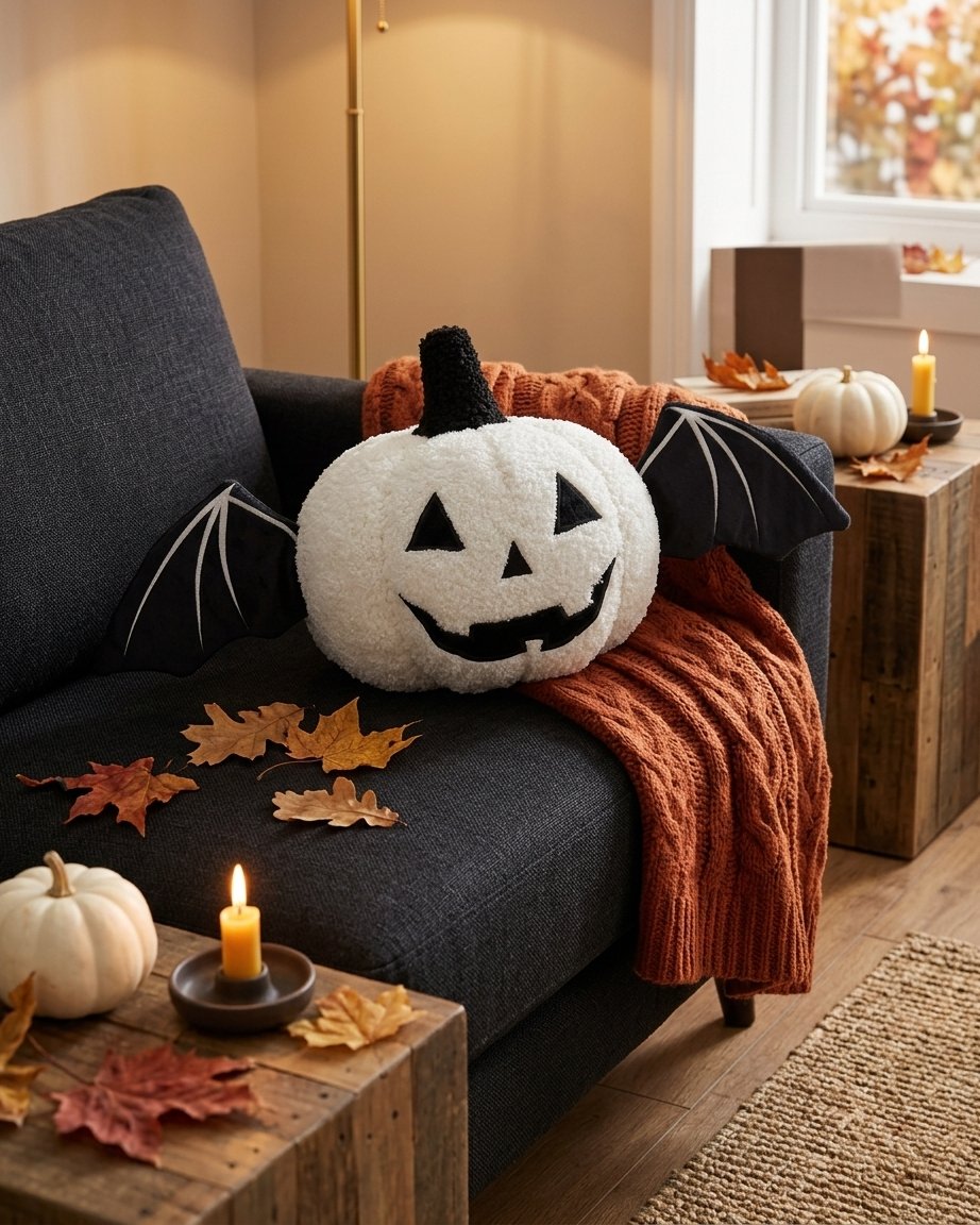 Halloween Pumpkin Plush Cushion with Bat Wings