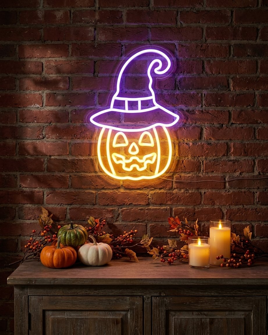 Halloween Pumpkin with Witch Hat LED Neon Wall Light – Indoor Decoration, 26 x 38 cm