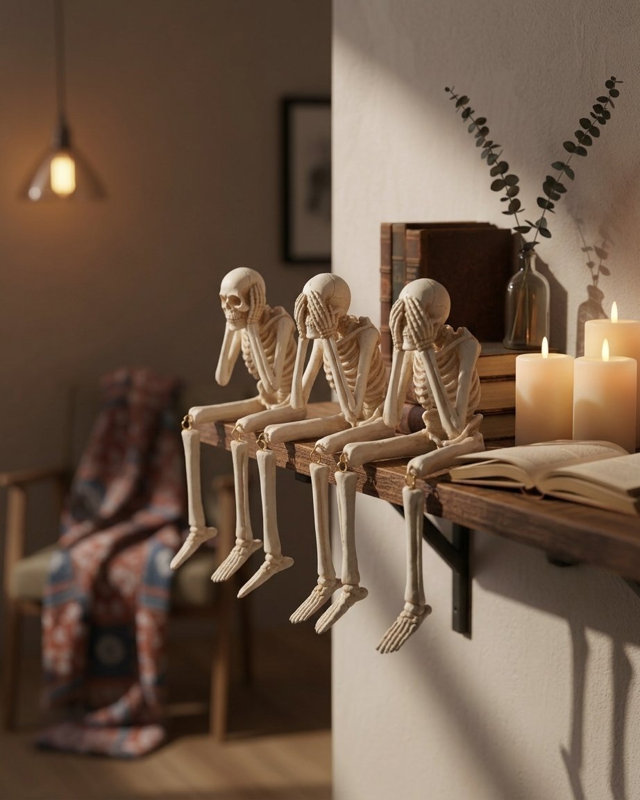Halloween Skeleton Shelf Sitter Figurine with Dangling Legs and Poseable Joints