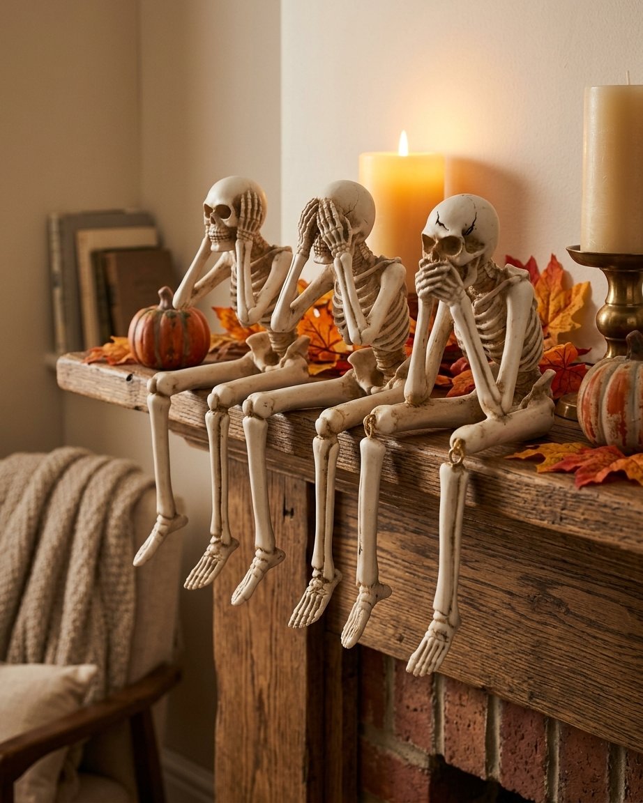 Halloween Skeleton Shelf Sitter Set of 3 with Dangling Legs – See No Evil, Hear No Evil, Speak No Evil Figurines