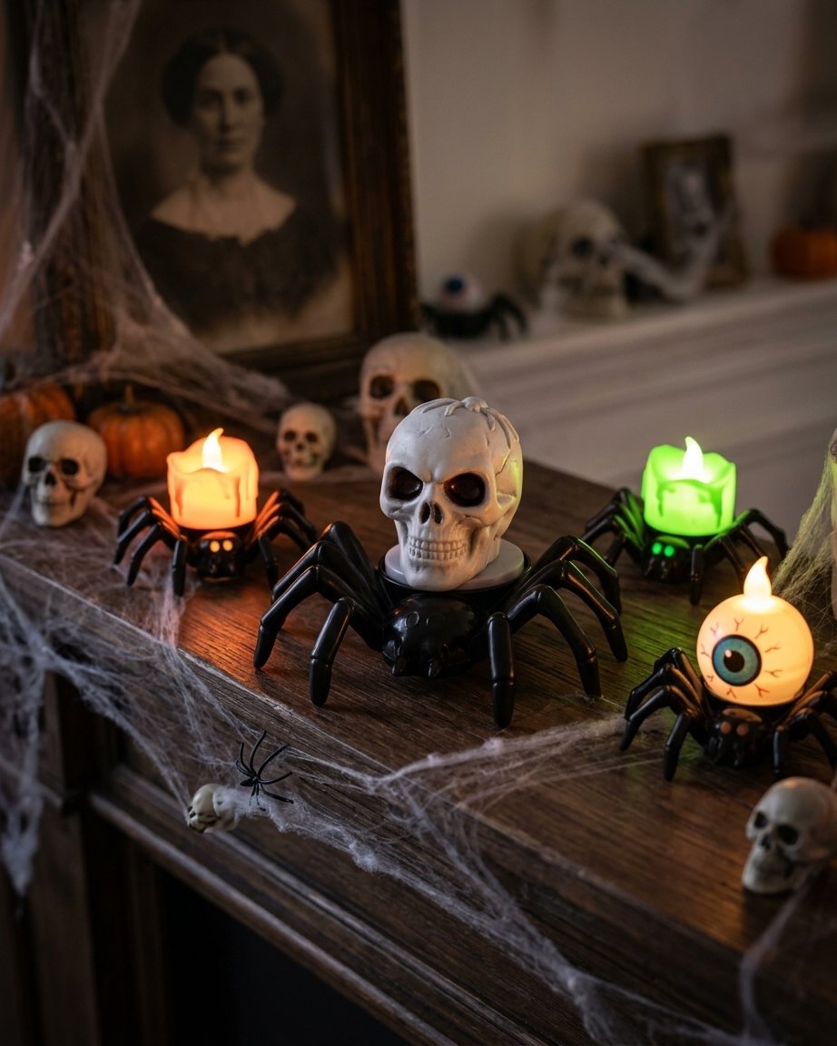 Halloween Spider Tea Light with Flickering LED Flameless Candle – Battery-Operated Decoration