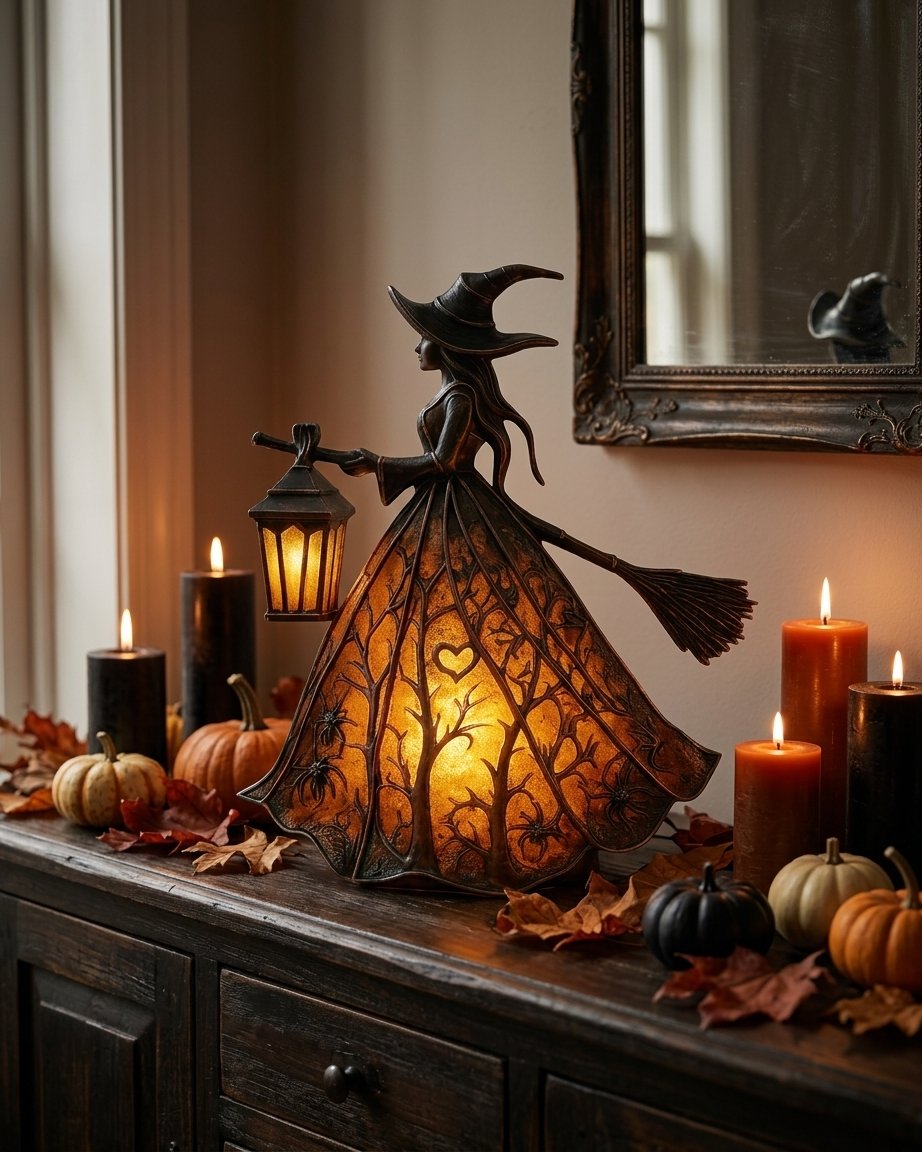 Halloween Witch Figurine Lantern with Warm LED Glow, Battery Operated