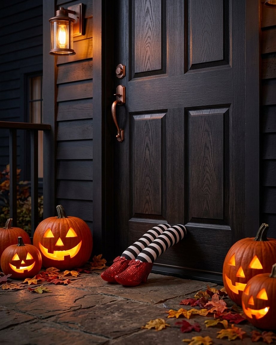 Halloween Witch Legs Door Stopper with Striped Stockings and Red Sequined Shoes