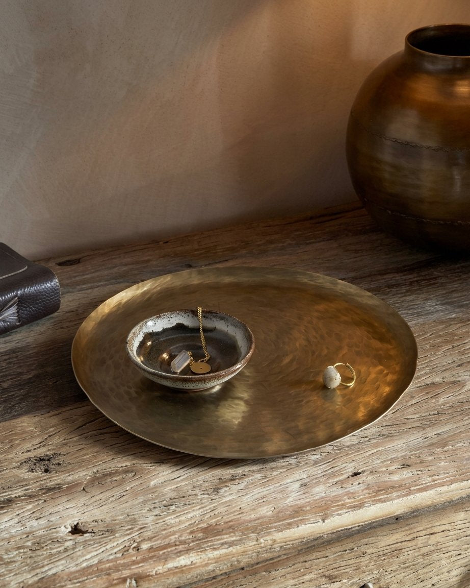Hammered Brass Round Tray in Antique Gold Finish