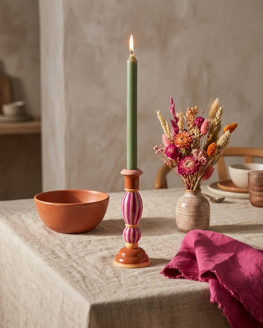 Hand-Painted Striped Wooden Candle Holder