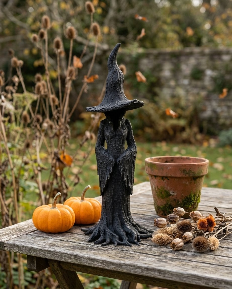 Hand-Painted Witch Guardian Resin Statue – Rustic Decorative Figure for Indoor and Outdoor Display