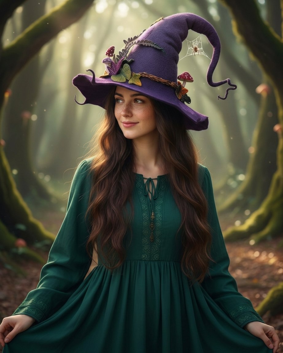 Handmade Felted Wool Witch Hat with Spiderweb Embroidery and Floral Accents
