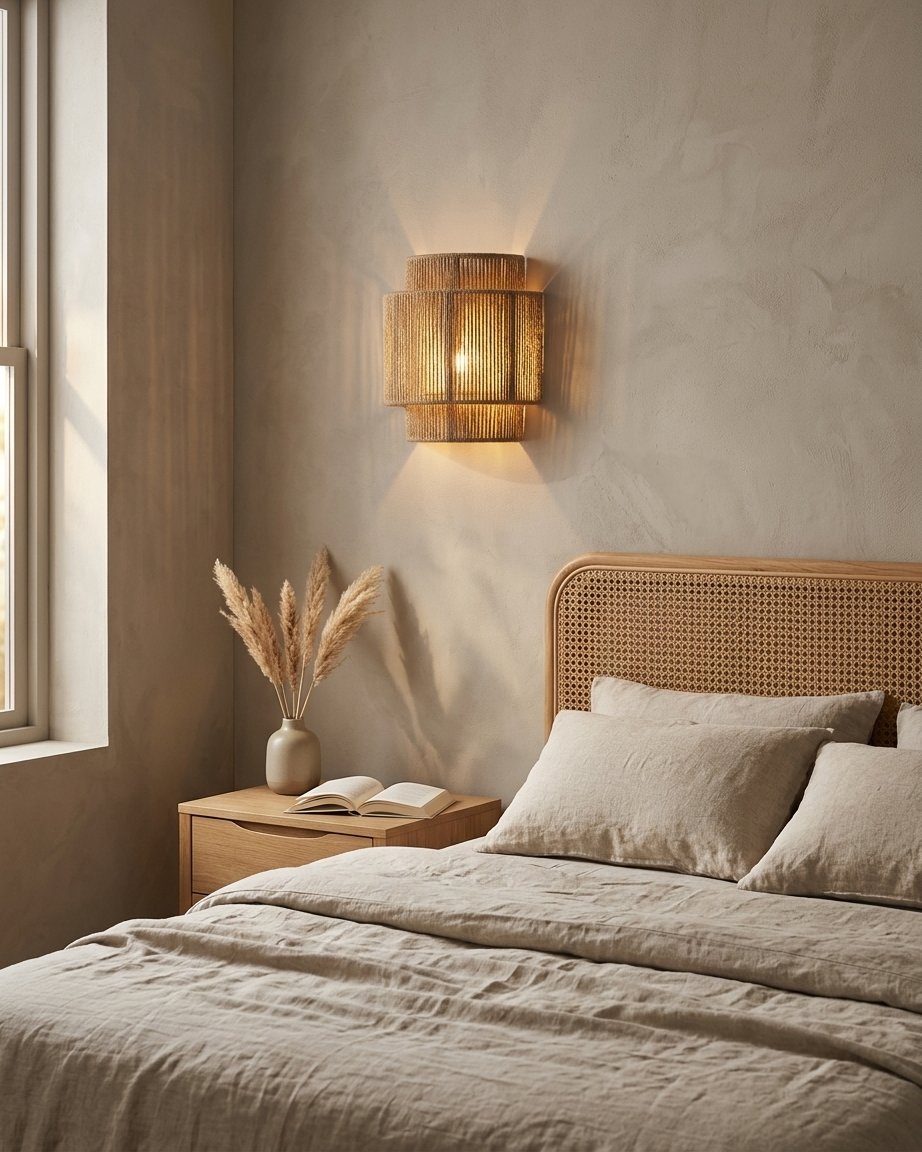 Handwoven Rattan Wall Light, Rustic Boho Sconce