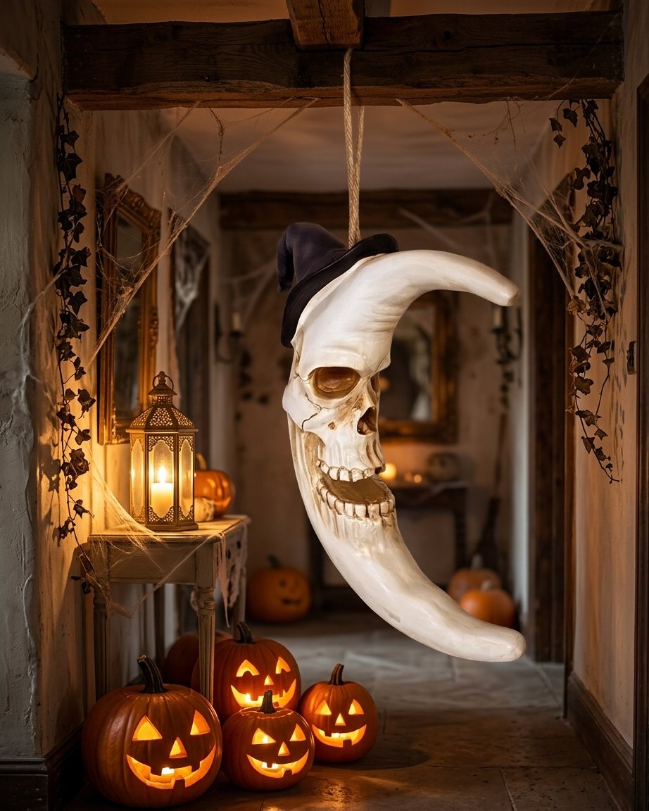 Hanging Crescent Moon Skull Decoration with Witch Hat – Halloween Horror Ornament