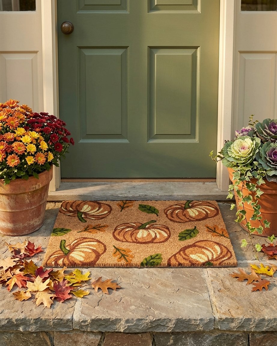Harvelle Multi-Pumpkin Printed Coir Doormat with Autumn Leaf Design