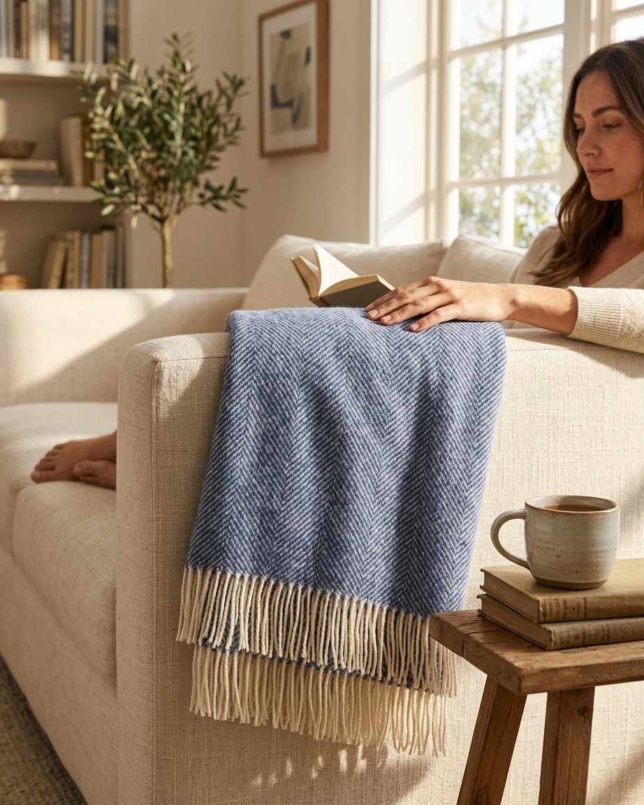 Herringbone Pure Wool Throw in Blueberry