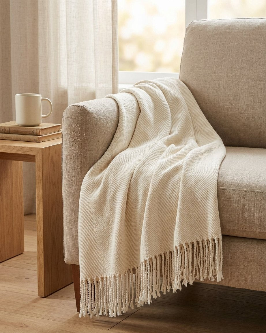 Herringbone Tassel Throw in Cream & Beige