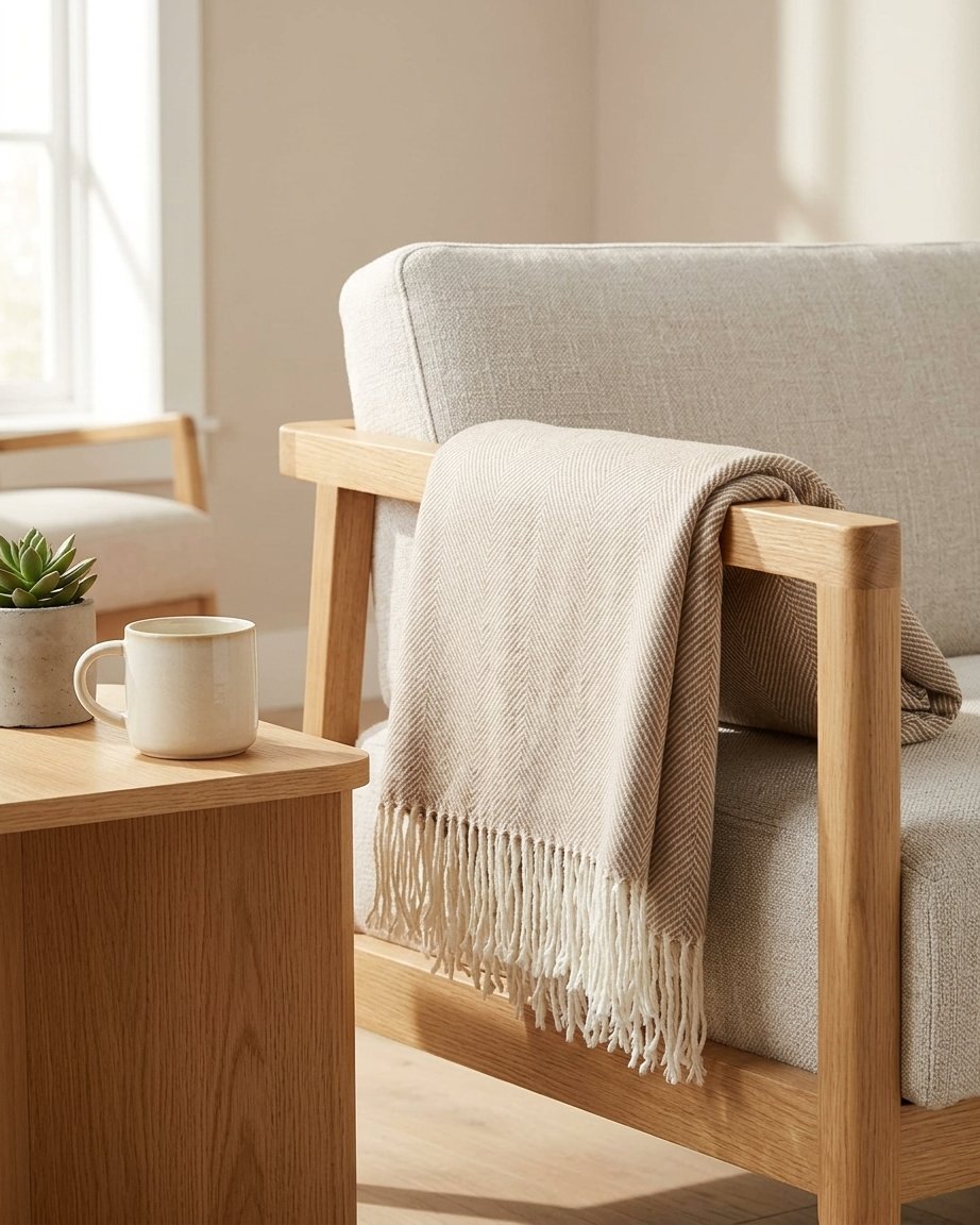 Herringbone Tassel Throw in Warm Taupe