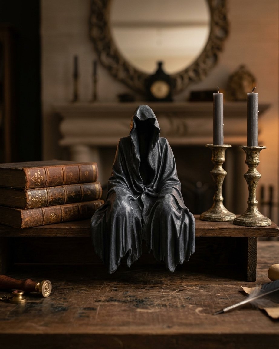 Hooded Grim Reaper Shelf Sitter Figurine – Faceless Gothic Resin Statue for Shelves and Desks
