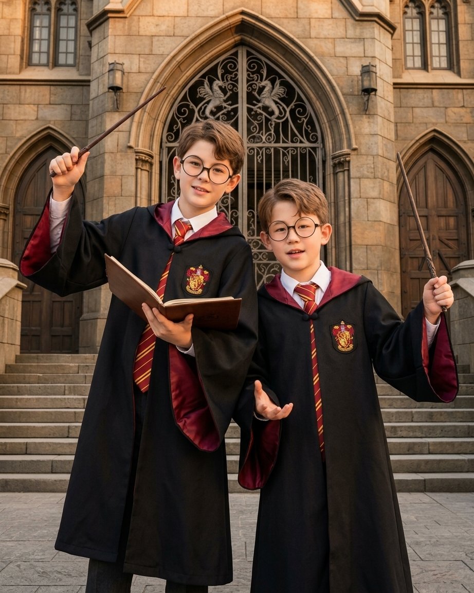 Hooded Wizard School Robe with Embroidered House Crest, Wand, Tie and Glasses