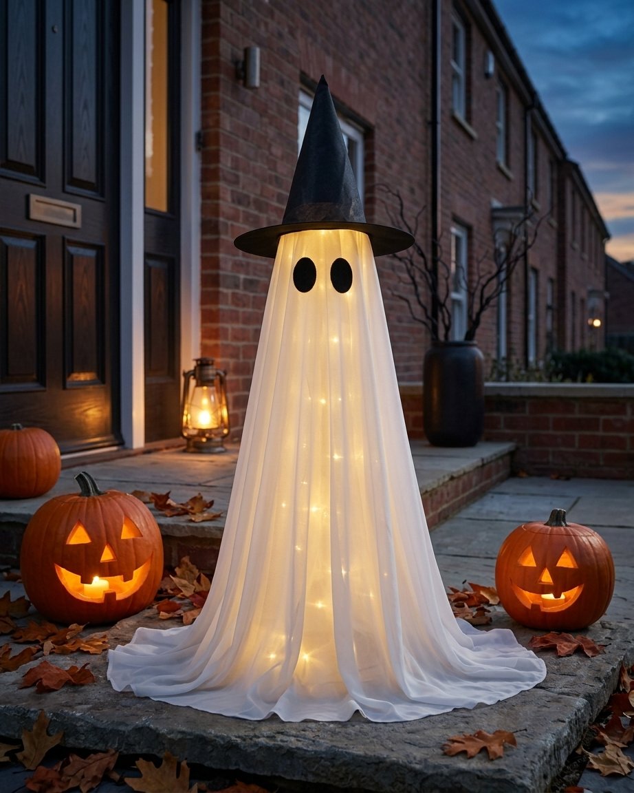 Illuminated Halloween Ghost Figure with Witch Hat and LED Fairy Lights – Outdoor and Indoor Decoration