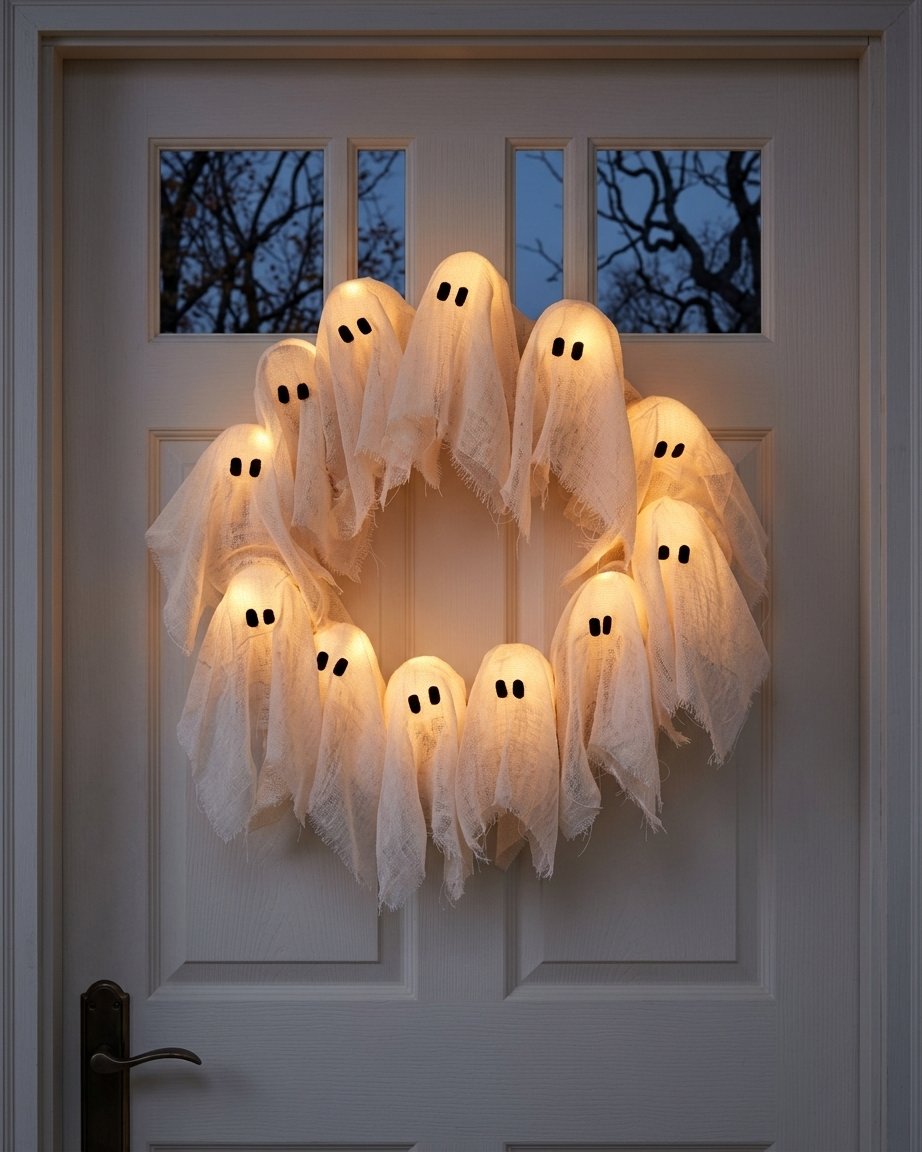 Illuminated Halloween Ghost Wreath with LED Figures for Door or Wall Display