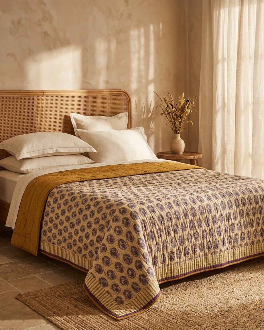 Kantha Bedspread – Block-Print Floral, Reversible Cotton