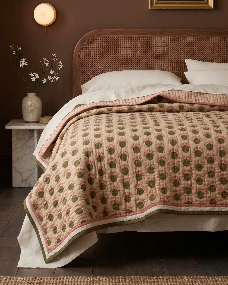Kantha Bedspread in Olive Green and Pink, Reversible