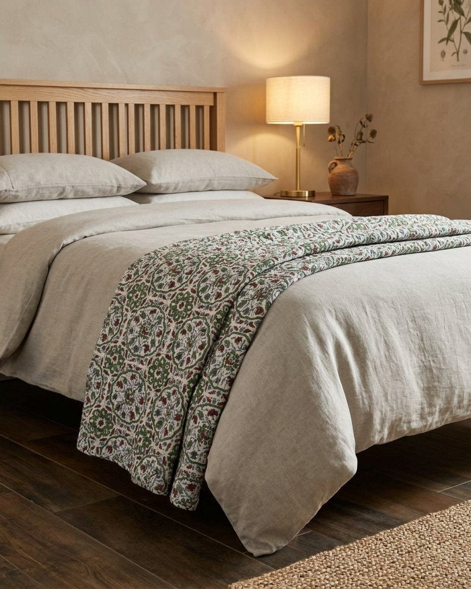 Kantha Quilted Throw – Green, Rust & Blue Floral