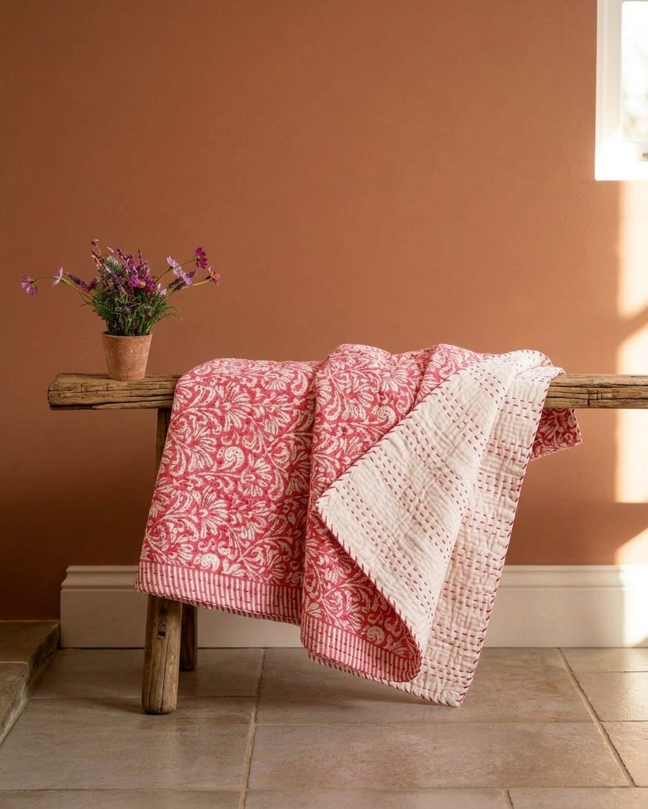 Kantha Throw in Fuchsia Pink, Hand-Stitched Cotton