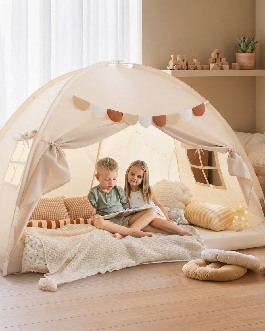 Kids Bed Play Tent with Star Lights and Flags
