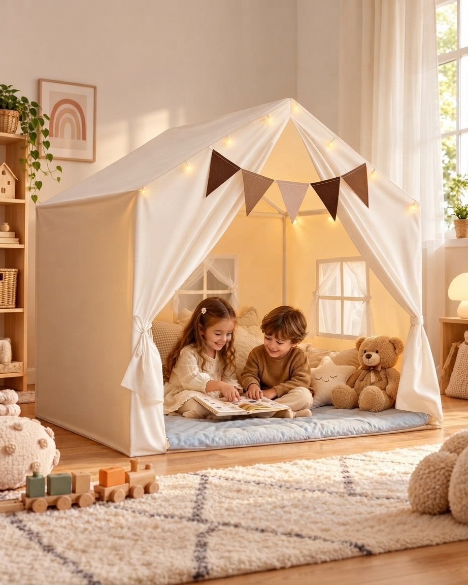 Kids Indoor Play Tent with Star Lights and Windows