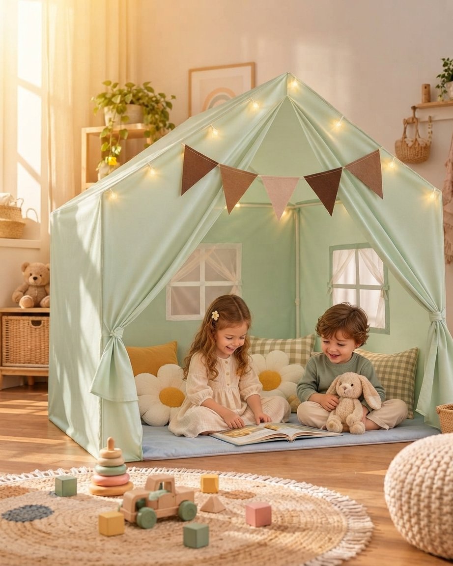 Kids Indoor Play Tent with Star Lights, Large – Green