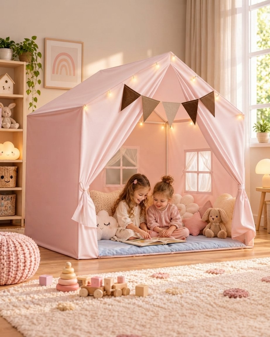 Kids Indoor Play Tent with Star Lights, Pink