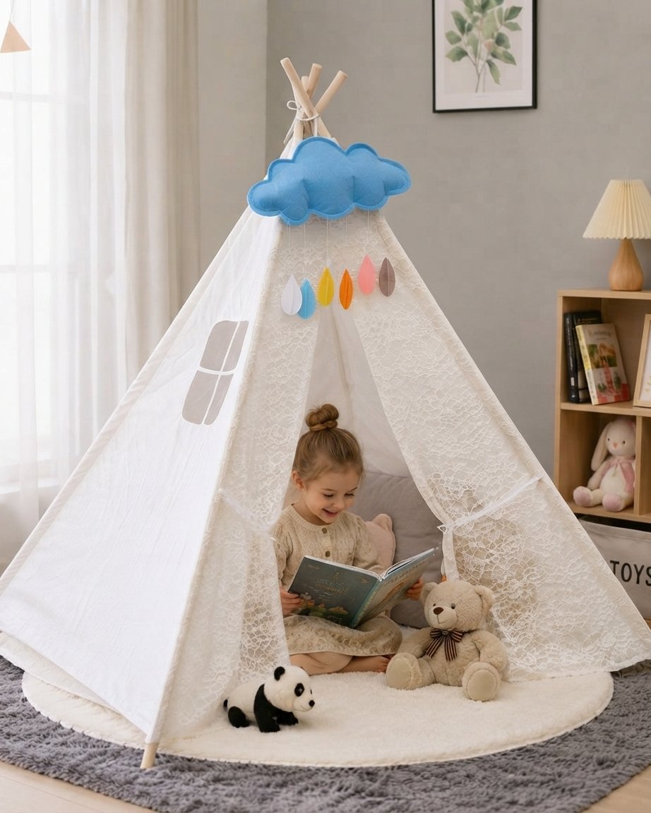 Kids Lace Teepee Play Tent with Cloud Garland, Indoor
