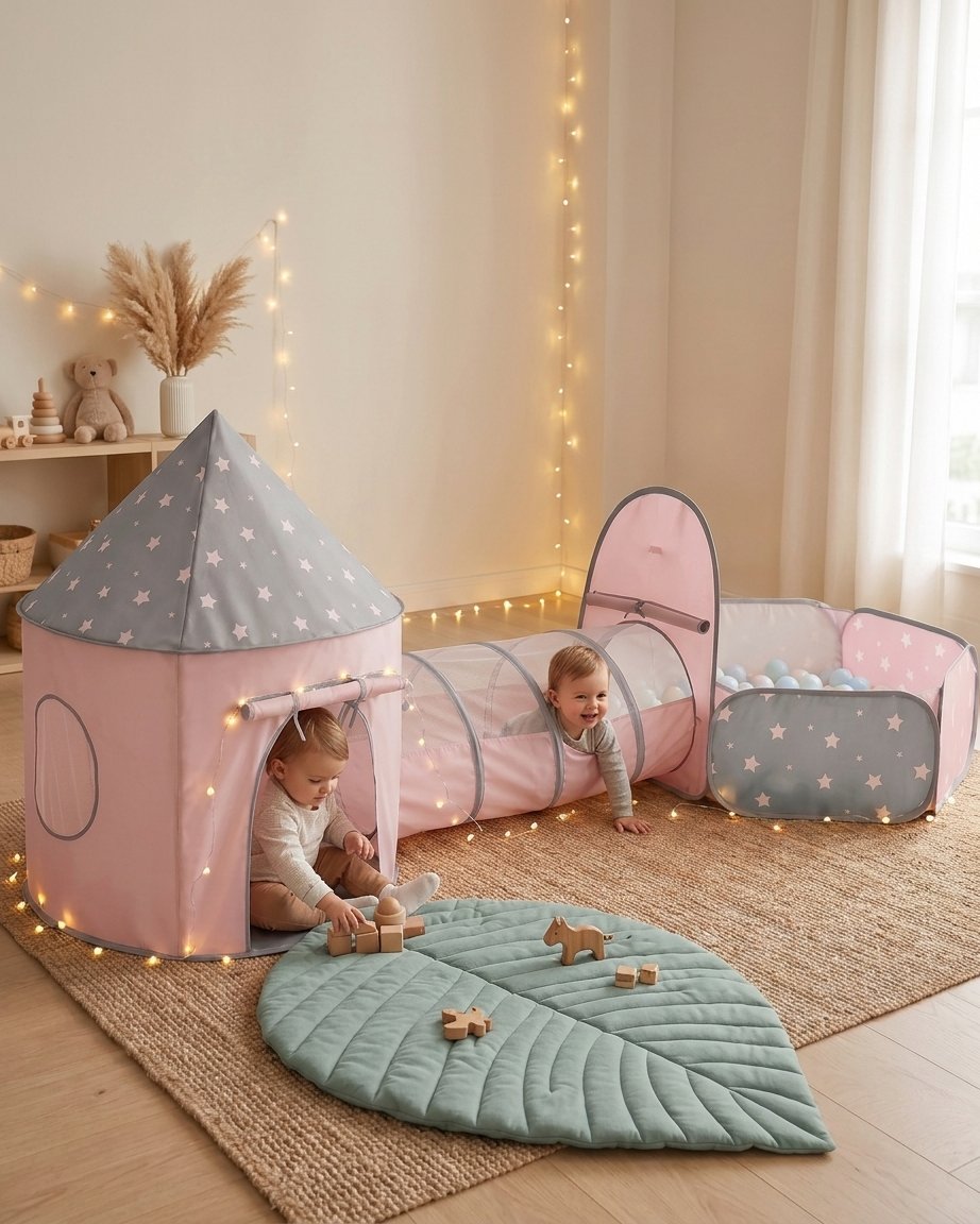 Kids Play Tent, Tunnel & Ball Pit Set with Leaf Play Mat