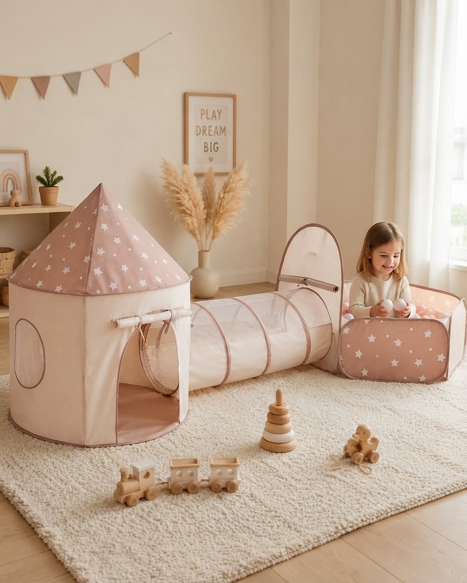 Kids Play Tent with Crawl Tunnel and Ball Pit, Pink Stars