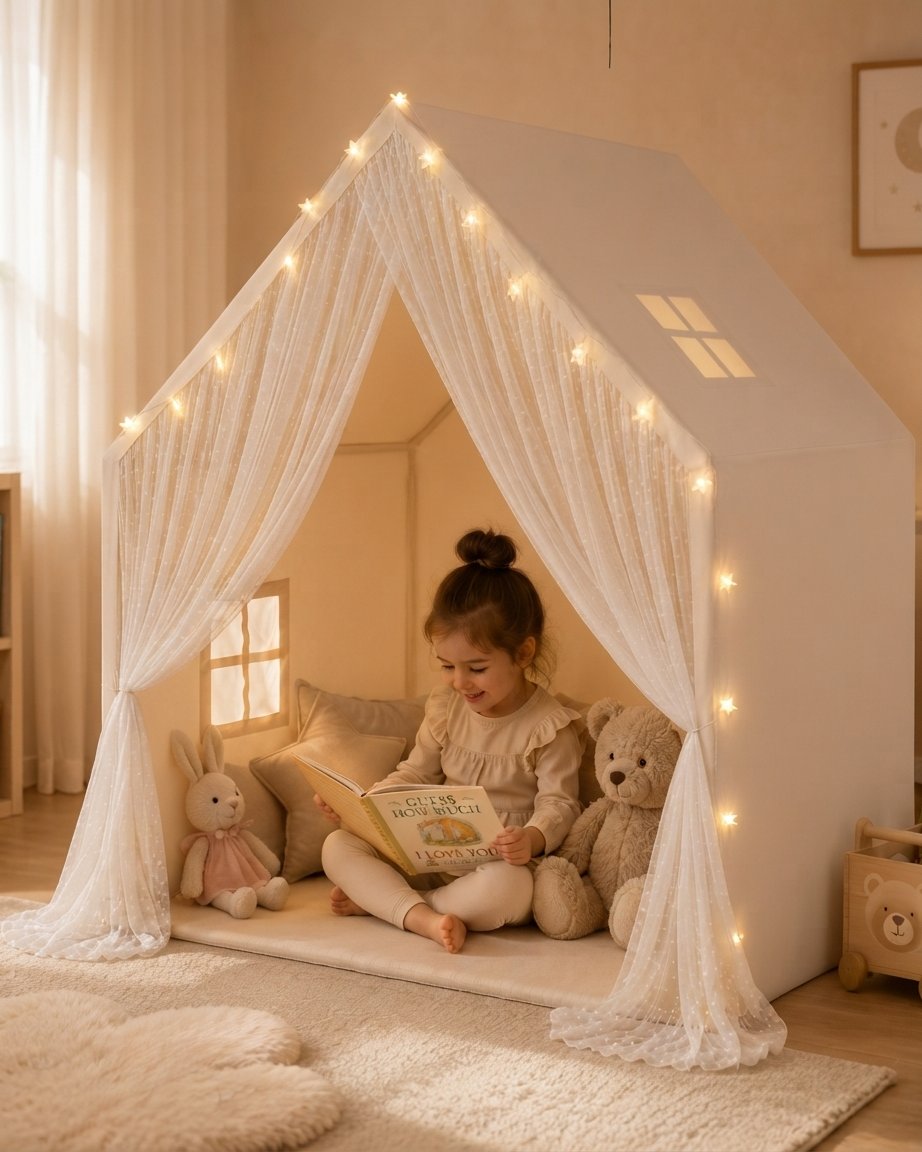 Kids Play Tent with Lace Curtains and String Lights