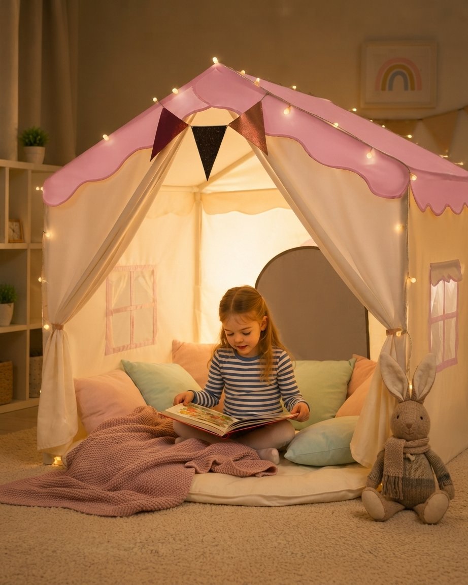 Kids Play Tent with Padded Mat and Fairy Lights – Pink