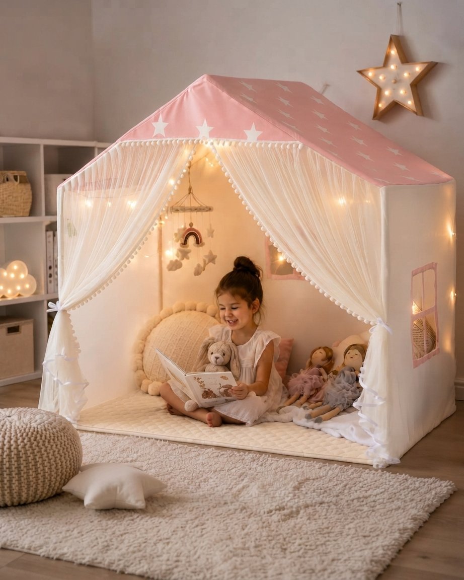 Kids Play Tent with Padded Mat, Lights and Star Print