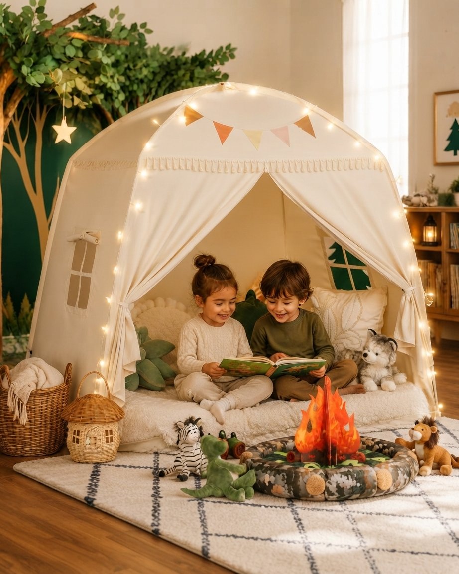 Kids Play Tent with Star Lights and Pennant Flags
