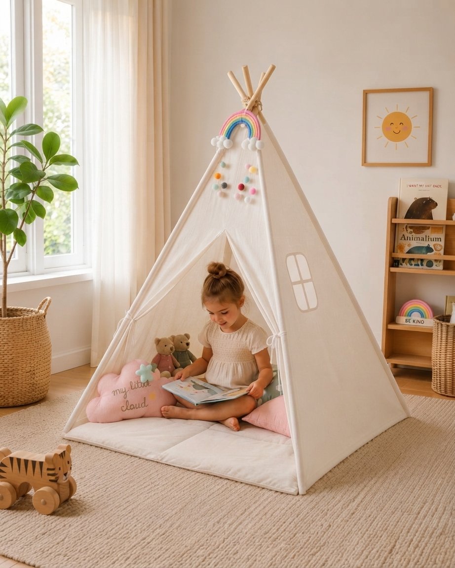 Kids Teepee Play Tent with Padded Mat, Cream