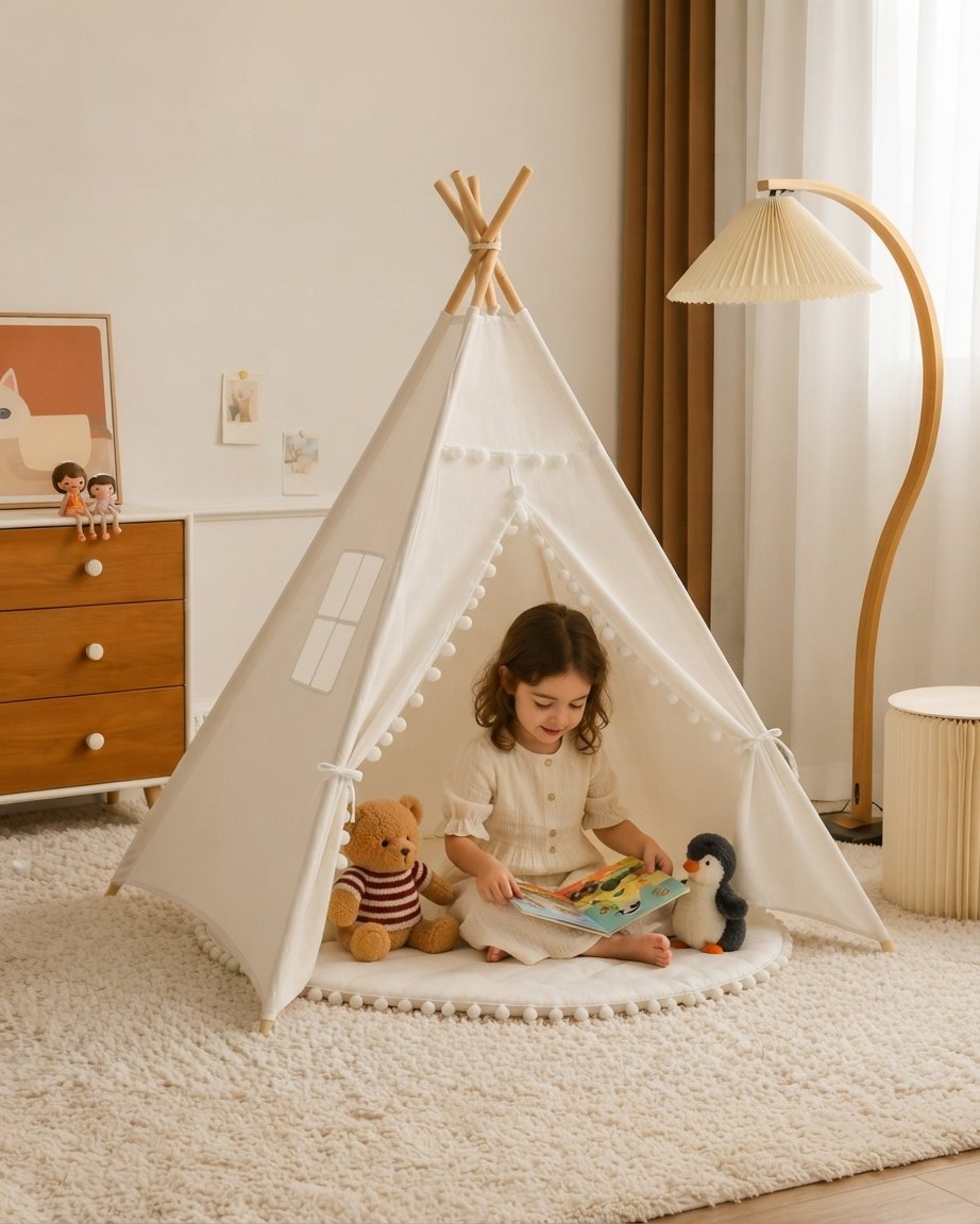 Kids Teepee Play Tent with Pom-Pom Trim, Cotton Canvas