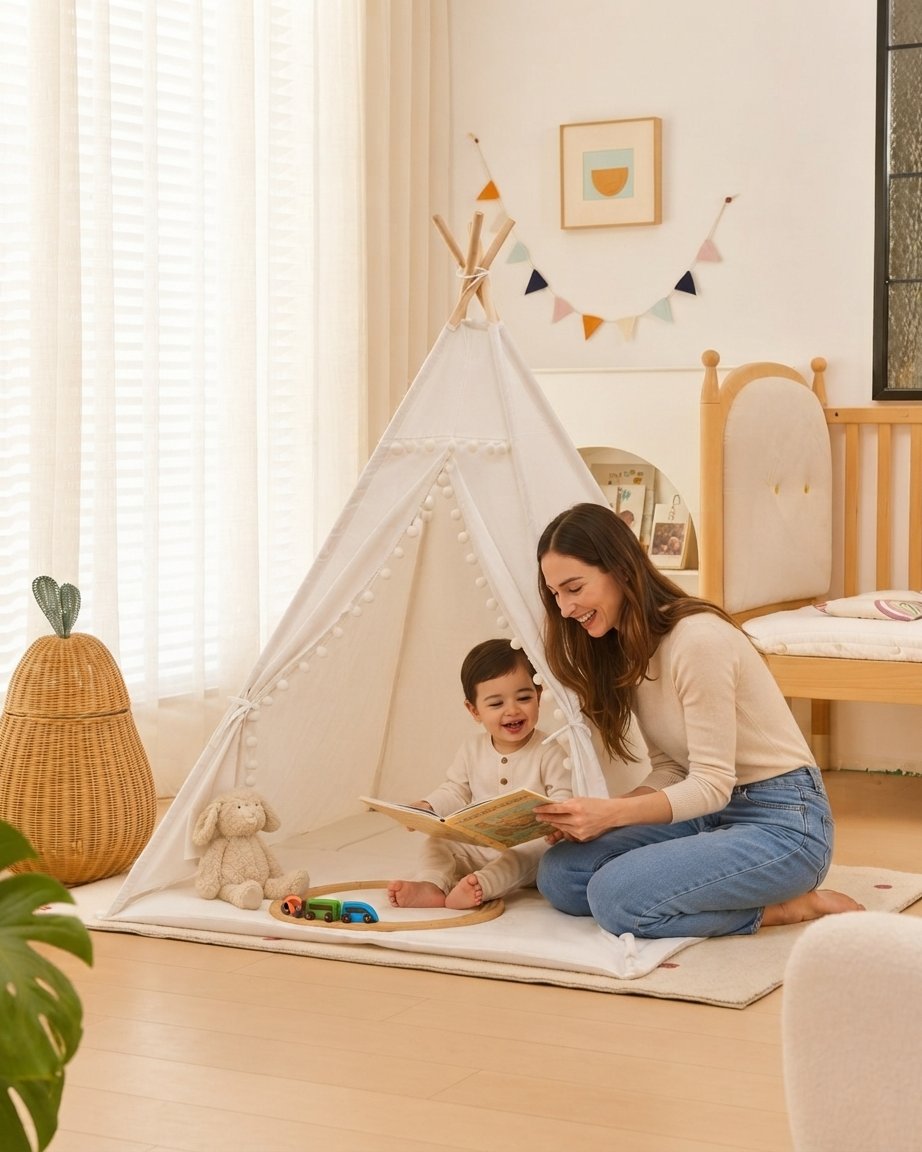 Kids Teepee Play Tent with Pom-Pom Trim, White Cotton