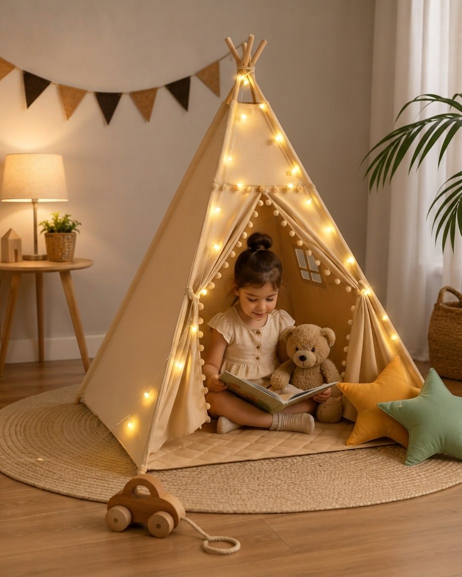 Kids Teepee Tent with Padded Mat and Pom Pom Lights