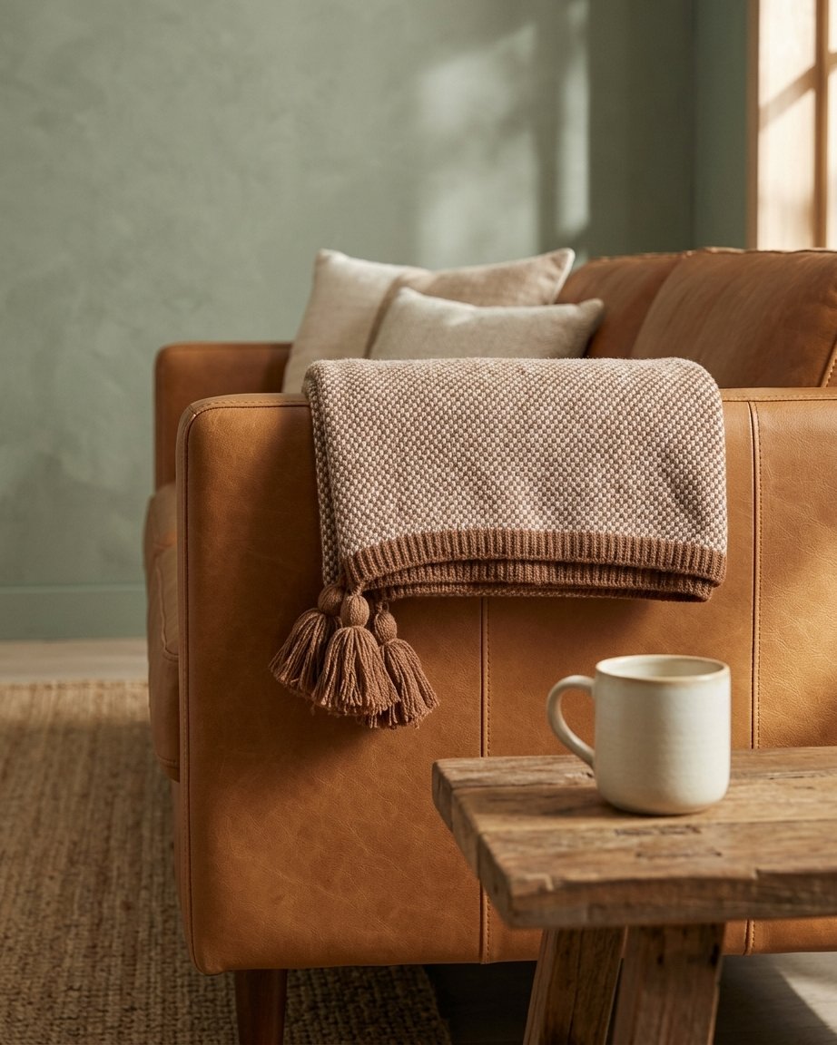 Knitted Tassel Throw with Border Detail in Rust