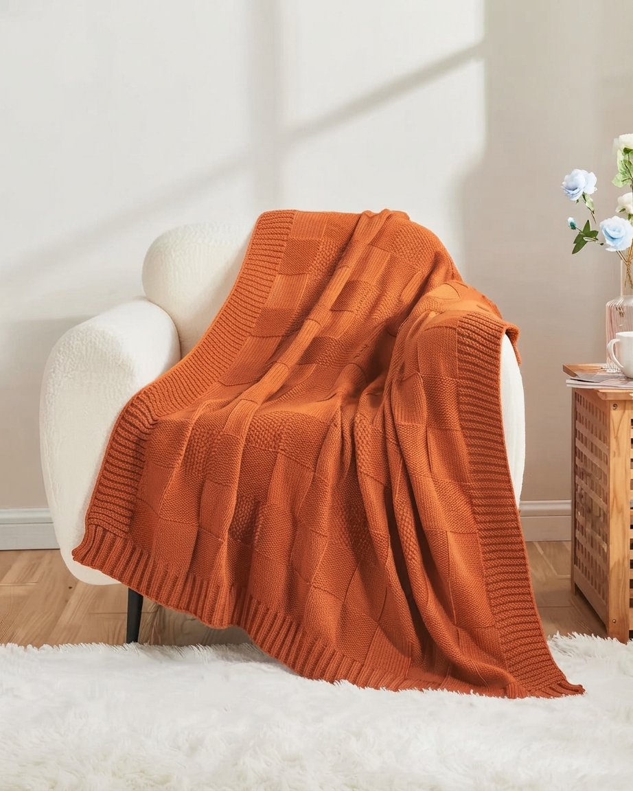 Knitted Throw Blanket with Block Texture & Tassel Trim