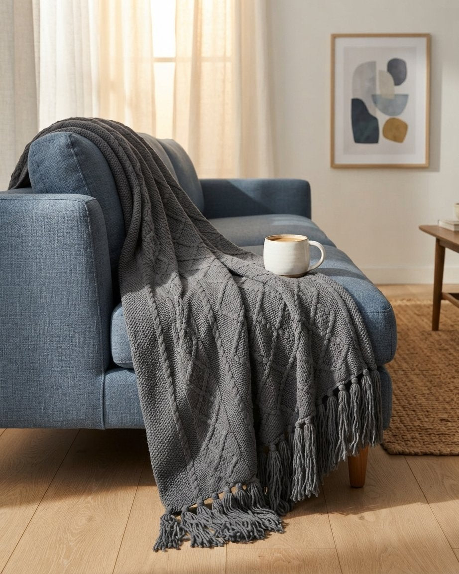 Knitted Throw Blanket with Tassels – Diamond Weave