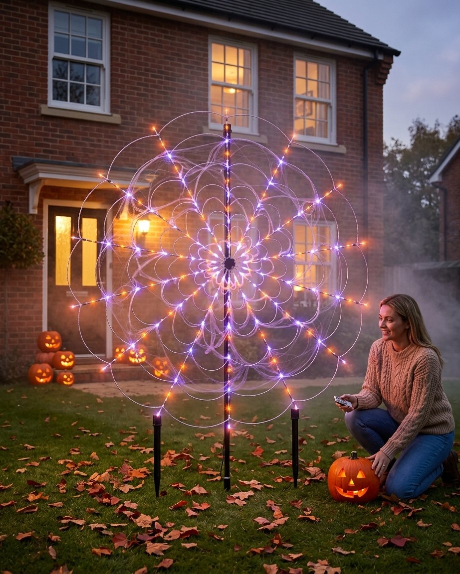 Large Outdoor Halloween Spider Web LED Light Set – 250 Orange and Purple LEDs, 5 x 5 m