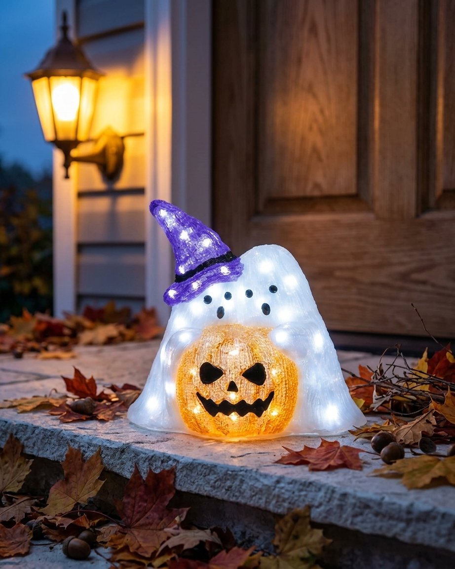 LED Ghost and Pumpkin Halloween Decoration with 50 White LEDs and Timer – Indoor and Outdoor