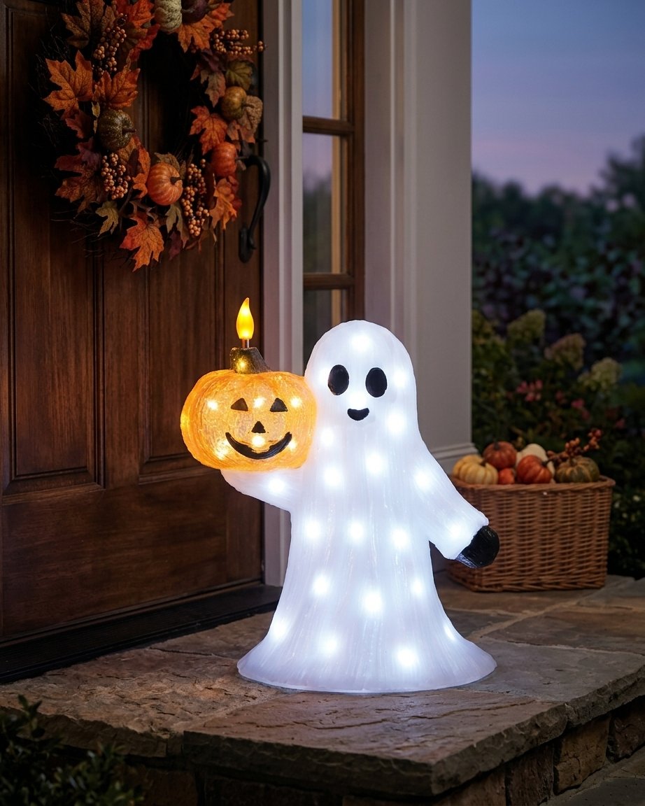 LED Ghost and Pumpkin Halloween Decoration with 50 White LEDs and Timer – Indoor and Outdoor
