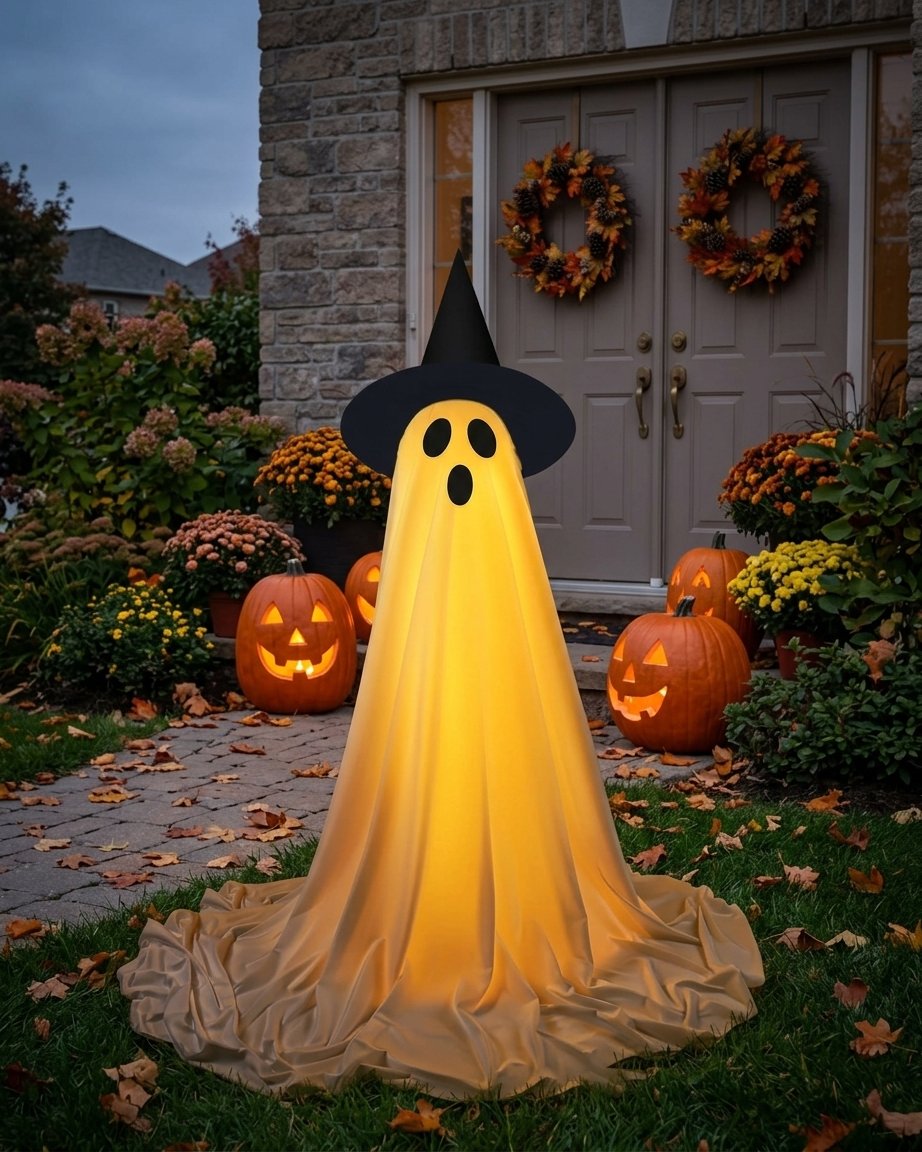 LED Ghost Halloween Decoration with Witch Hat and Wireless Remote Control, 50 in, Set of 1 or 2