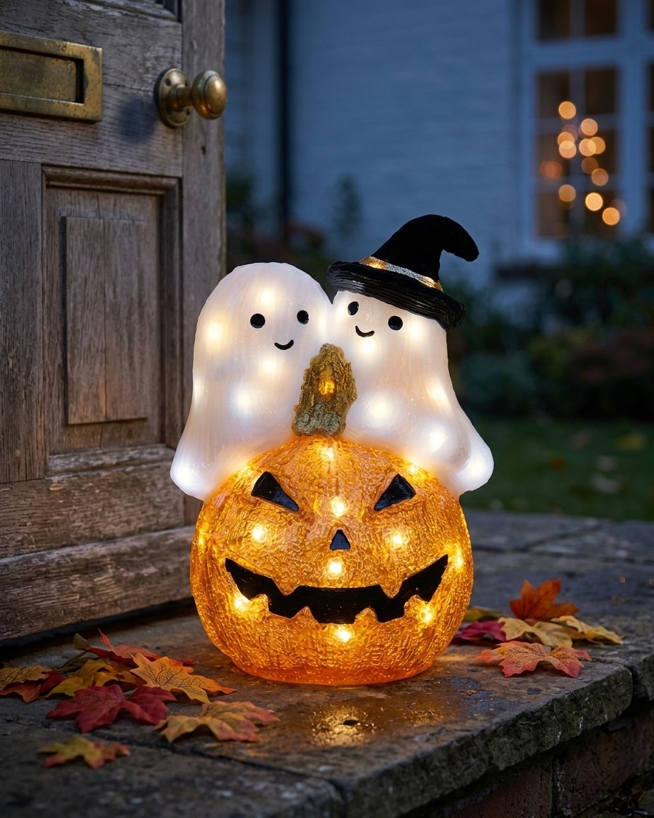 LED Illuminated Pumpkin and Ghost Halloween Decoration with Built-In Timer, 50 White LEDs