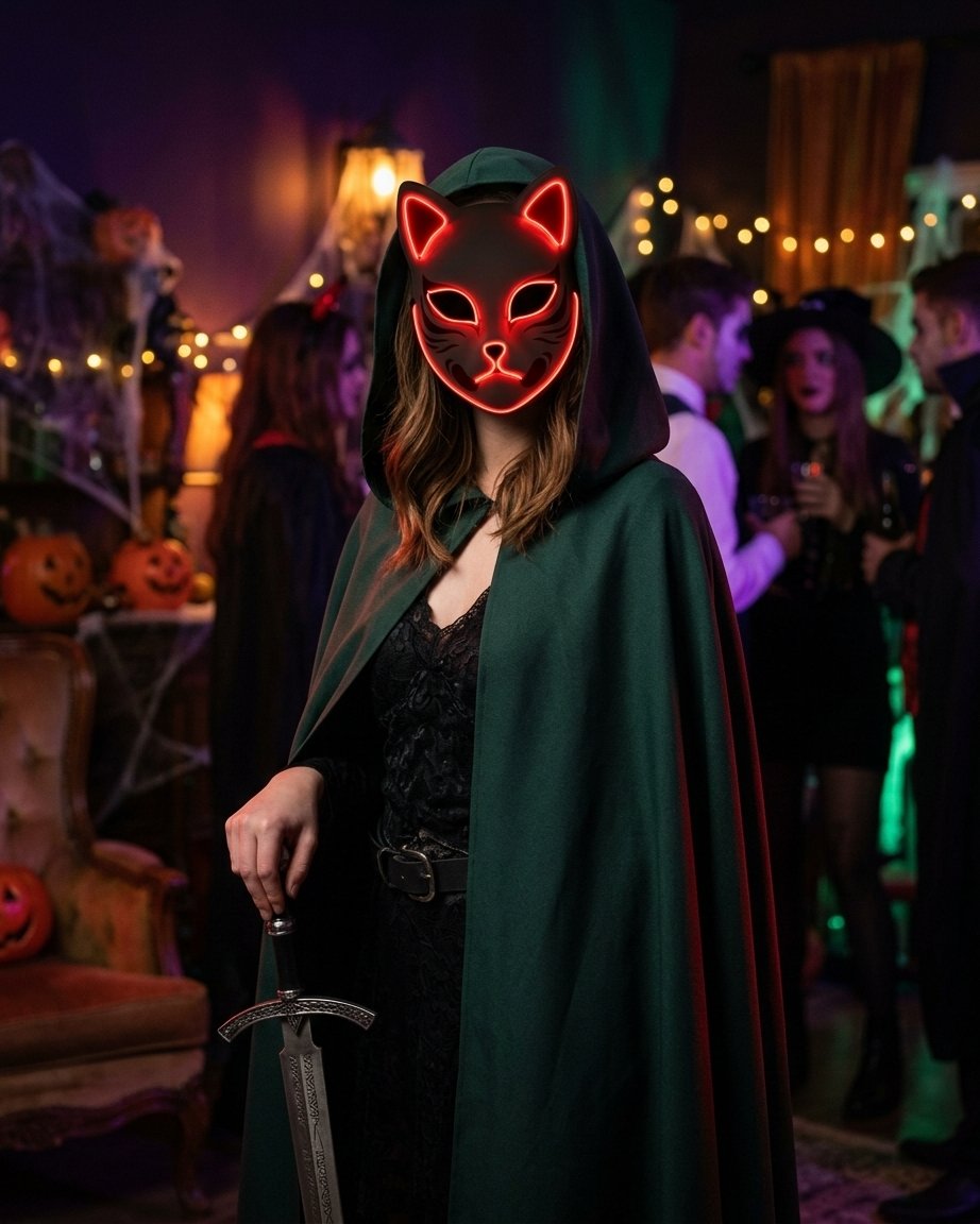 LED Kitsune Fox Mask with EL Wire Glow and Anime-Inspired Design